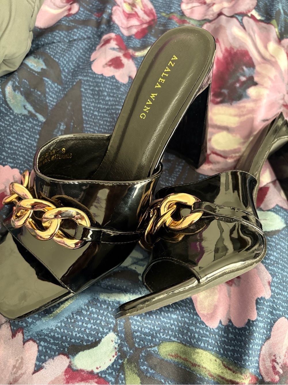 Black Patent Chain Block Heel Mules